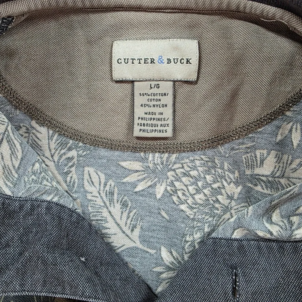Cutter & Buck Mens Large‎ Gray Pineapple Palm Leaf Print Cotton Blend Polo Shirt